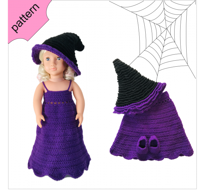 Halloween doll clothes patterns ''ISABELLA'' 18 inch Dress Shoes Hat pattern Purple Dress 