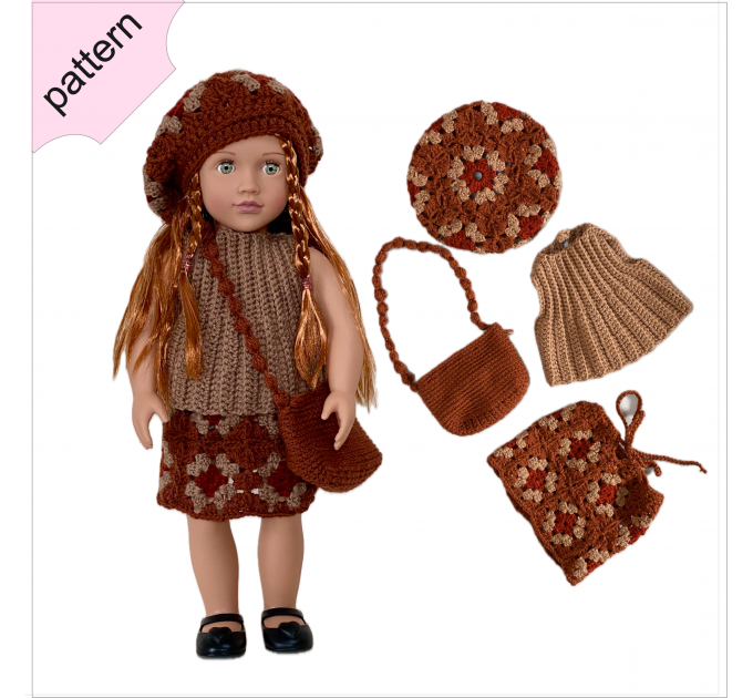 Crochet doll clothes pattern ''AVA'' 18 inch  brown top, beret, skirt and bag