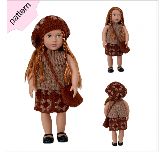 Crochet doll clothes pattern ''AVA'' 18 inch  brown top, beret, skirt and bag