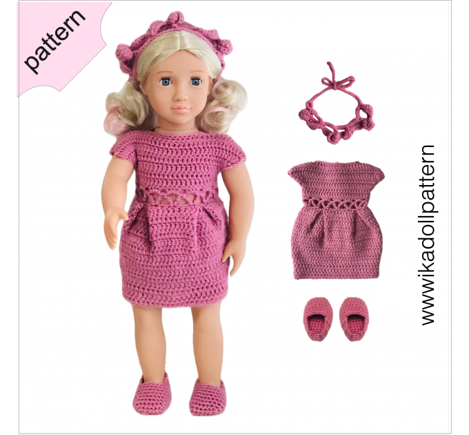 Crochet doll clothes pattern 18 inch Dress Shoes Headband Crochet  pattern Rose pink Dress ''BRIGITA''