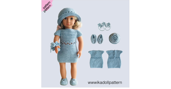 Crochet doll dress pattern ''Aisling'' 18 inch Dress Shoes Hat bracelet  pattern Blue Dress ''Aisling''
