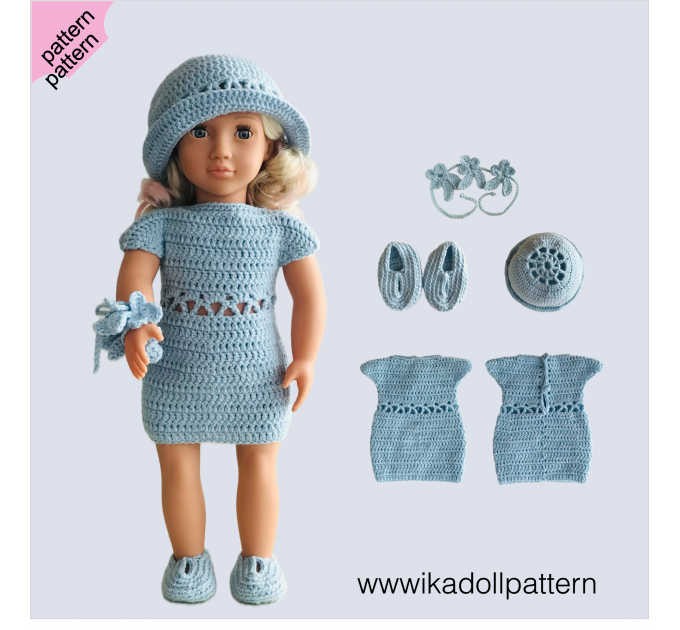 Crochet doll dress pattern ''Aisling'' 18 inch Dress Shoes Hat bracelet pattern Blue Dress ''Aisling'' 