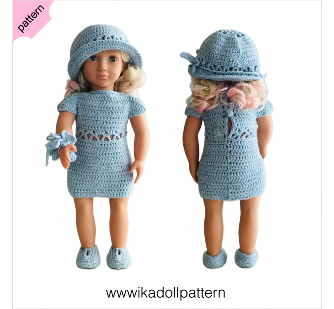 Crochet doll dress pattern ''Aisling'' 18 inch Dress Shoes Hat bracelet pattern Blue Dress ''Aisling'' 