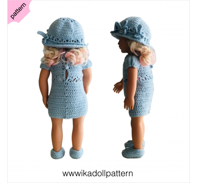 Crochet doll dress pattern ''Aisling'' 18 inch Dress Shoes Hat bracelet pattern Blue Dress ''Aisling'' 