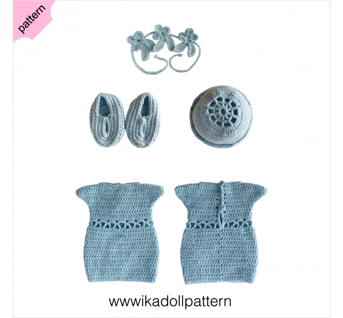 Crochet doll dress pattern ''Aisling'' 18 inch Dress Shoes Hat bracelet pattern Blue Dress ''Aisling'' 