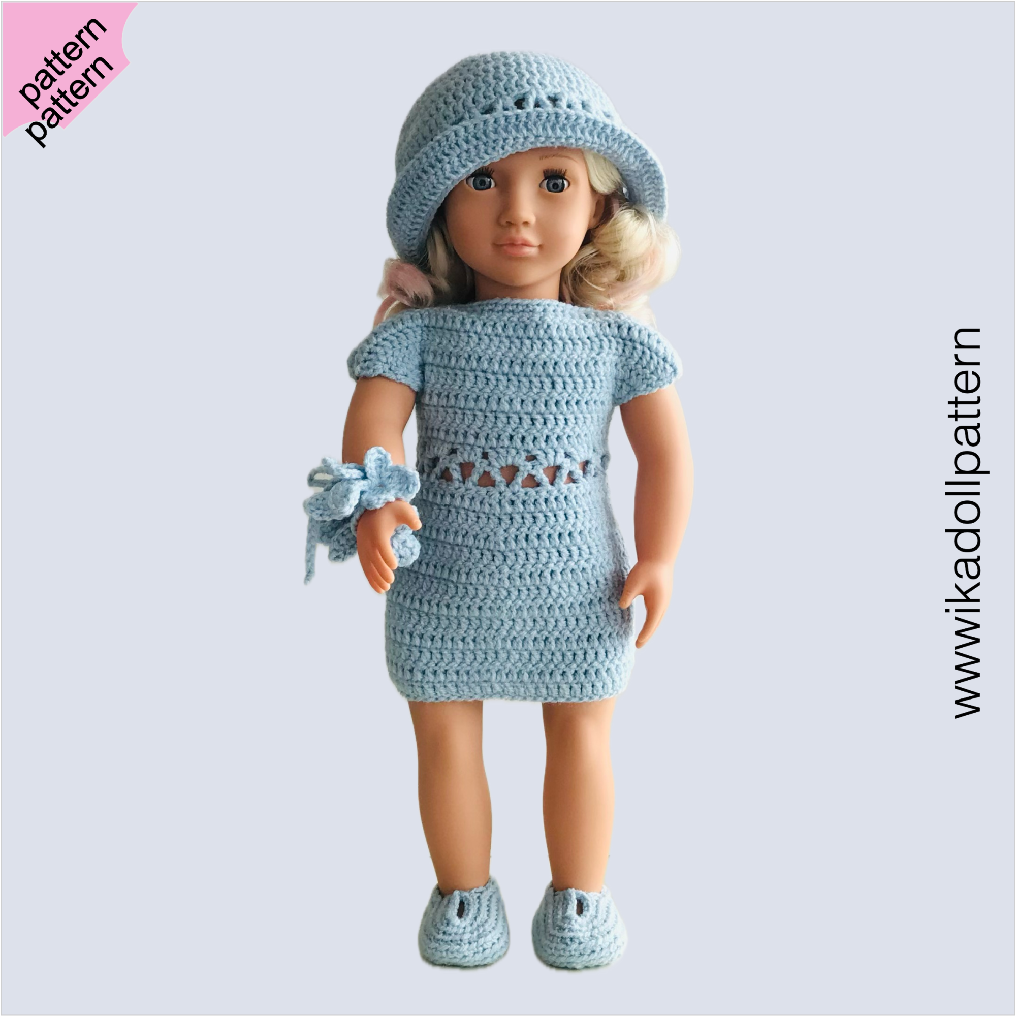 Crochet doll dress pattern ''Aisling'' 18 inch Dress Shoes Hat bracelet  pattern Blue Dress ''Aisling''