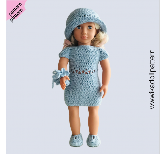 Crochet doll dress pattern ''Aisling'' 18 inch Dress Shoes Hat bracelet pattern Blue Dress ''Aisling'' 