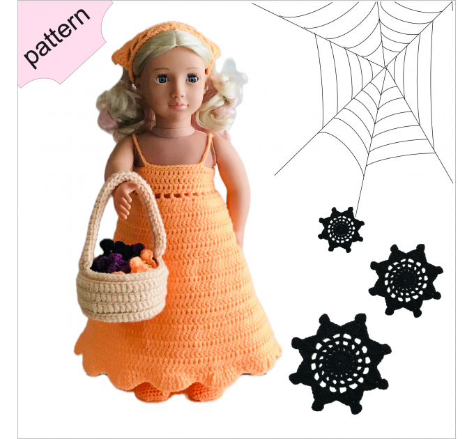 Halloween doll clothes patterns 18 inch Dress Shoes Headband coaster Bag pattern Orange Dress ''FIONA''