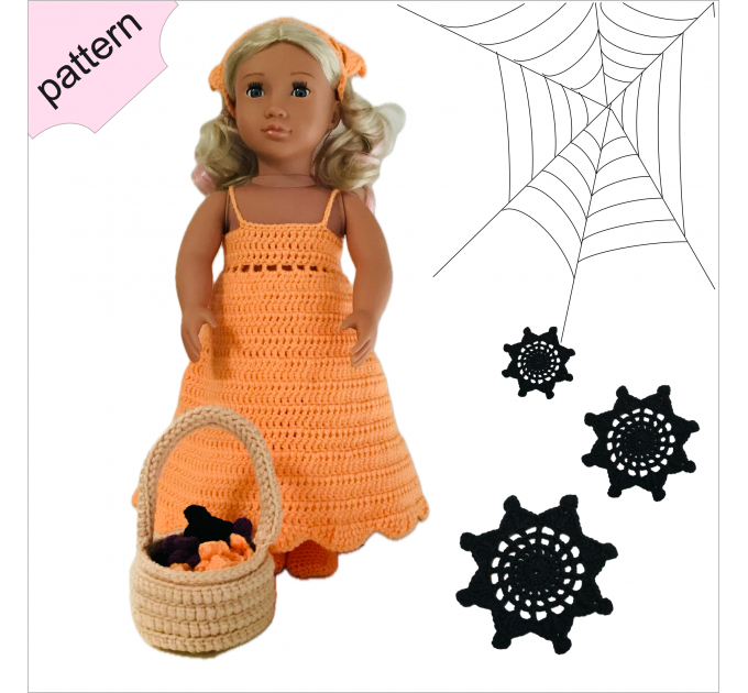 Halloween doll clothes patterns 18 inch Dress Shoes Headband coaster Bag pattern Orange Dress ''FIONA''