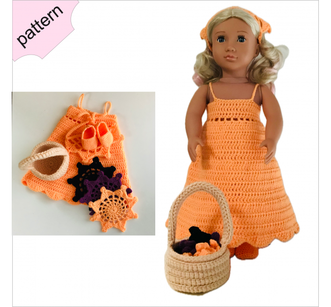 Halloween doll clothes patterns 18 inch Dress Shoes Headband coaster Bag pattern Orange Dress ''FIONA''