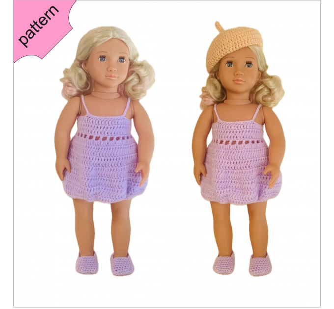 Crochet doll clothes pattern ''SCARLETT'' 18 inch Dress Shoes Hat Jacket pattern Lilac Dress 