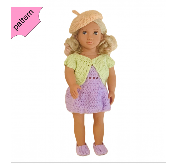 Crochet doll clothes pattern ''SCARLETT'' 18 inch Dress Shoes Hat Jacket pattern Lilac Dress 