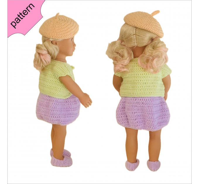 Crochet doll clothes pattern ''SCARLETT'' 18 inch Dress Shoes Hat Jacket pattern Lilac Dress 