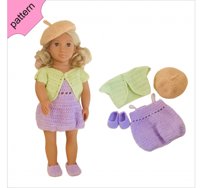 Crochet doll clothes pattern ''SCARLETT'' 18 inch Dress Shoes Hat Jacket pattern Lilac Dress 