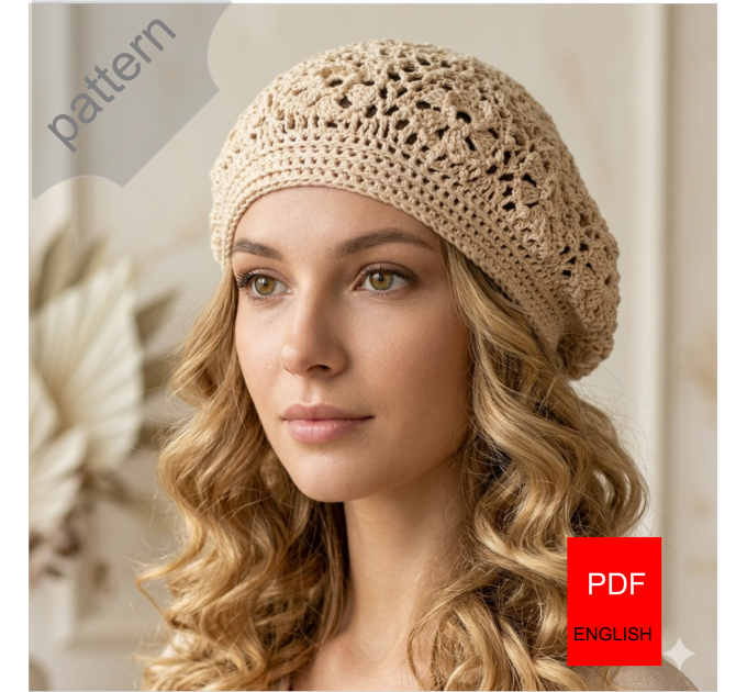 Crochet hat pattern cotton ivory beret boho style