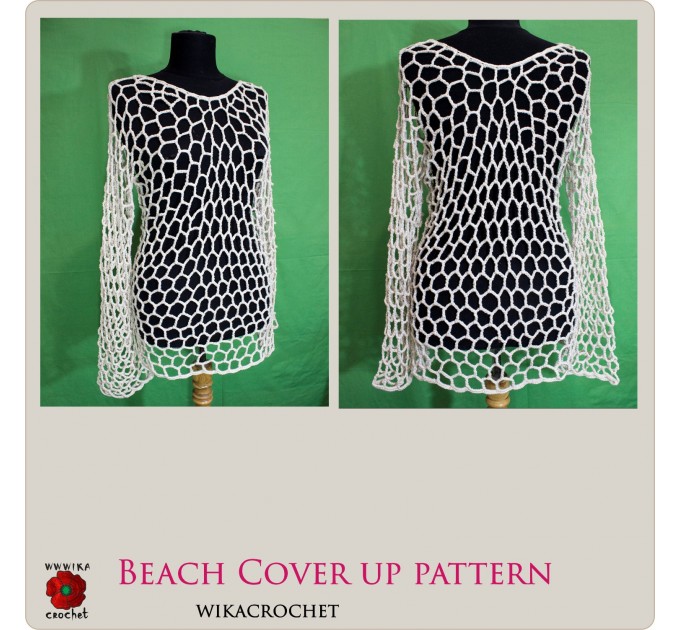 Crochet top pattern, Beach Cover up pattern, size S, long sleeve tunic
