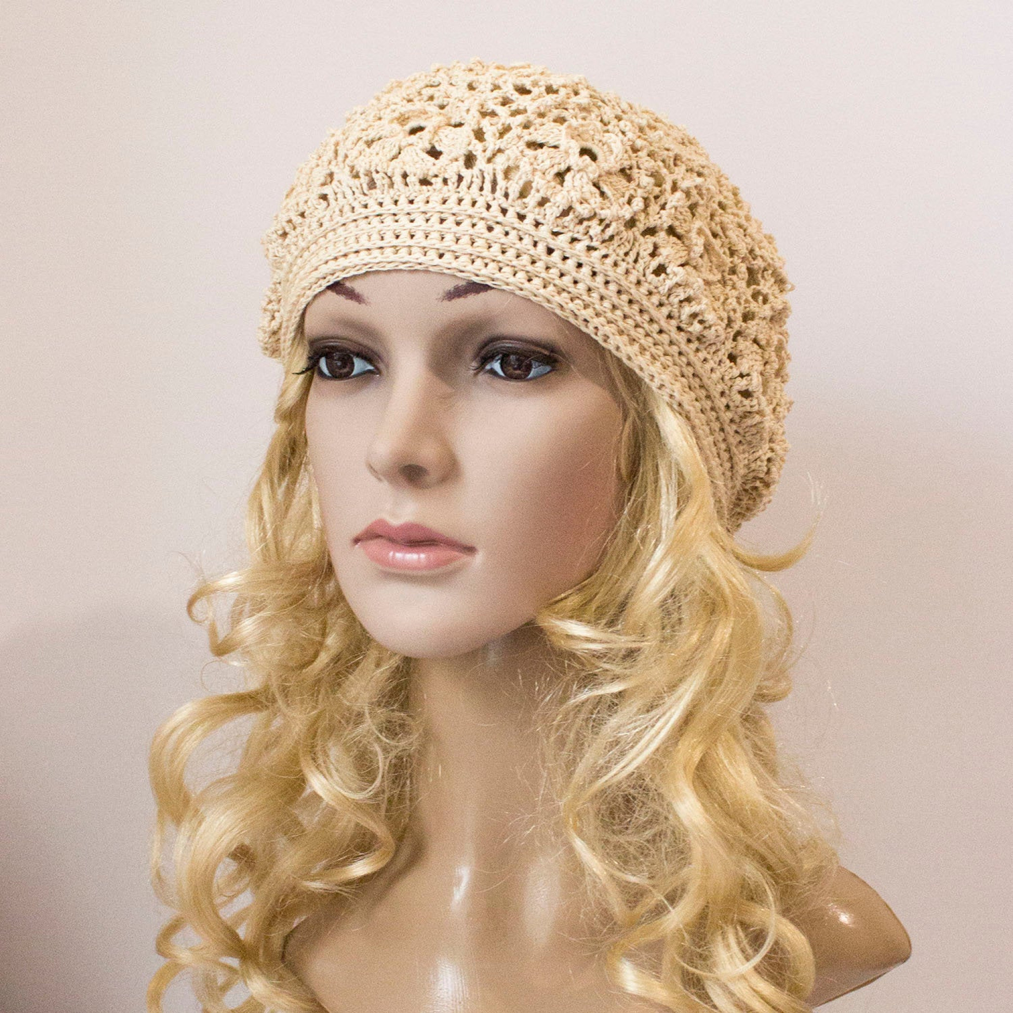Crochet hat pattern cotton ivory beret boho style display picture 3