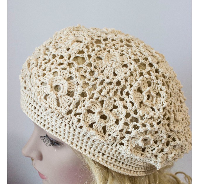 Crochet hat pattern cotton ivory beret boho style
